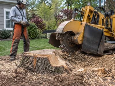 Stump grinder clearing a wide trunk section
