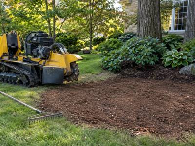A stump ground flush with the surrounding lawn